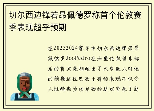 切尔西边锋若昂佩德罗称首个伦敦赛季表现超乎预期 切尔西边锋若昂佩德罗称首个伦敦赛季表现超乎预期